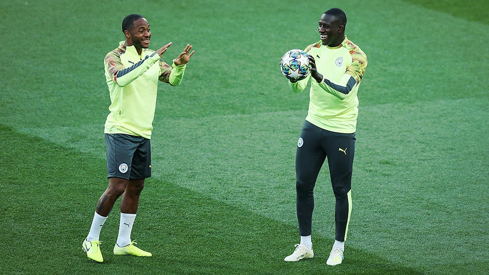 ALL SMILES : Something has given Raheem Sterling and Benjamin Mendy the giggles!