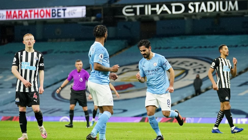 DEJA VU : Gundogan wheels away to celebrate after Sterling's cut-back, the same duo combined in similar fashion against West Brom. 