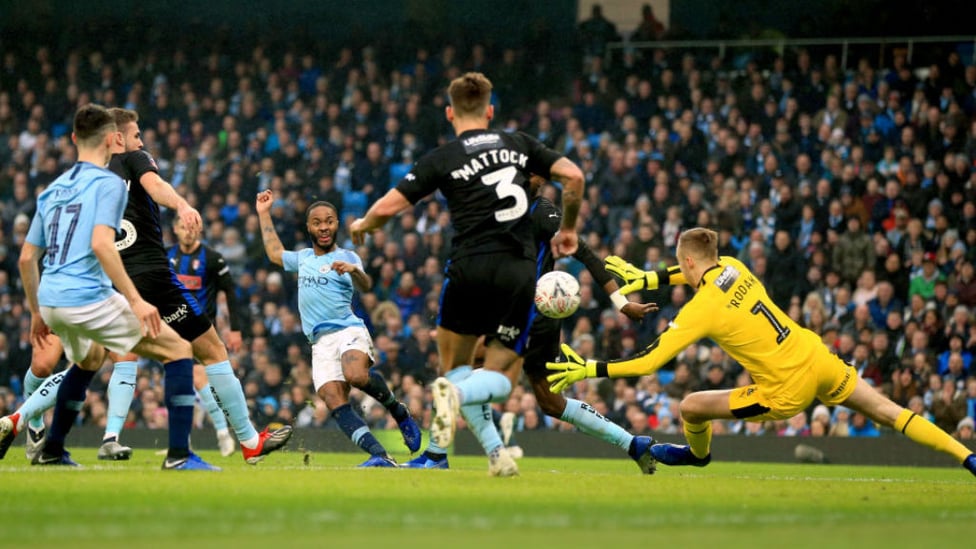 ON THE MARK : Raheem drills the ball home through the Rotherham defence for our opener