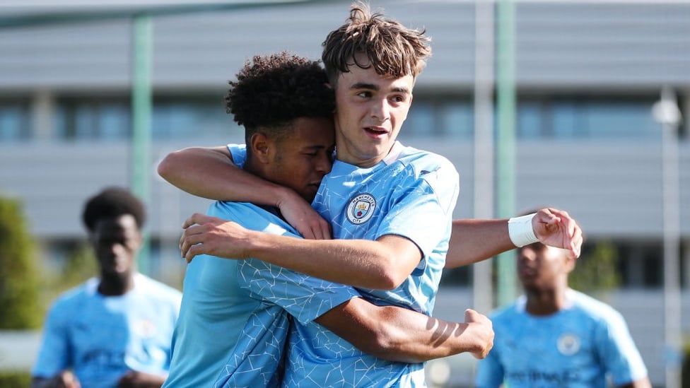 ALL SMILES: Tai Sodje and Harvey Griffiths celebrate during City's league win against Everton Under-18s