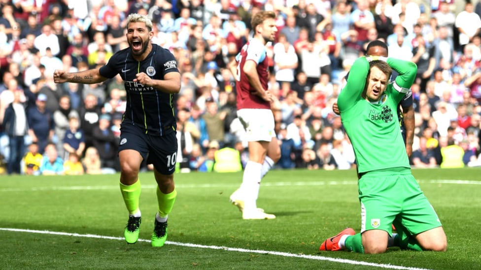 NARROW MARGINS : Sergio Aguero's 20th goal of the season crossed the line by an extraordinary 29.5mm to defeat Burnley!