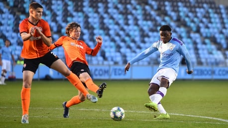 STRIKE: Fisayo Dele-Bashiru fires home City U19s second against Shakhtar Donetsk.