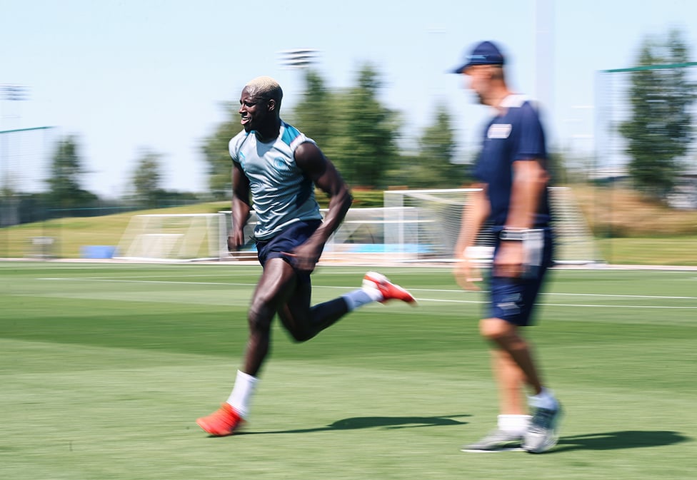 ON THE FRONT FOOT: Benjamin Mendy goes through a sprinting drill