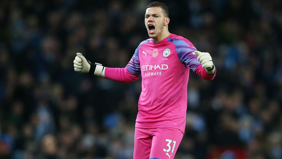 ALL OVER : Ederson celebrates as the referee blows the full-time whistle.