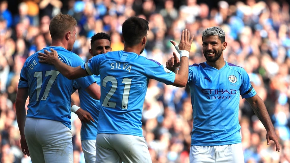 DREAM TEAM : Kevin de Bruyne, David Silva and Sergio Aguero celebrate City's third goal of the afternoon.