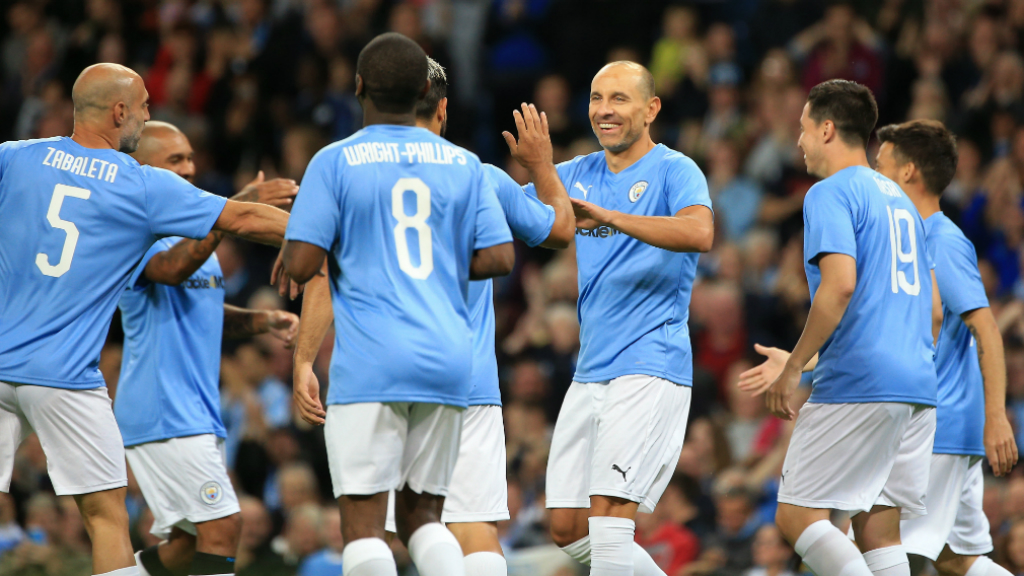 DREAM START : Martin Petrov celebrates with the City Legends after grabbing a goal early on