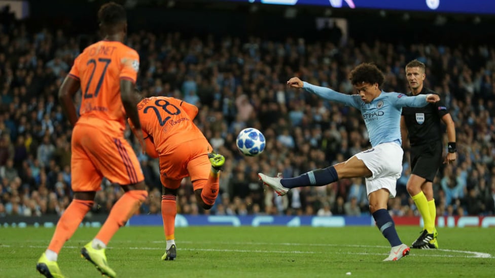 FRUSTRATION : Substitute Leroy Sane looks to power in a shot on the Lyon goal