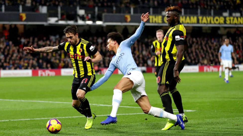 MAN DOWN : Leroy Sane slips as he looks to run at the Watford defence