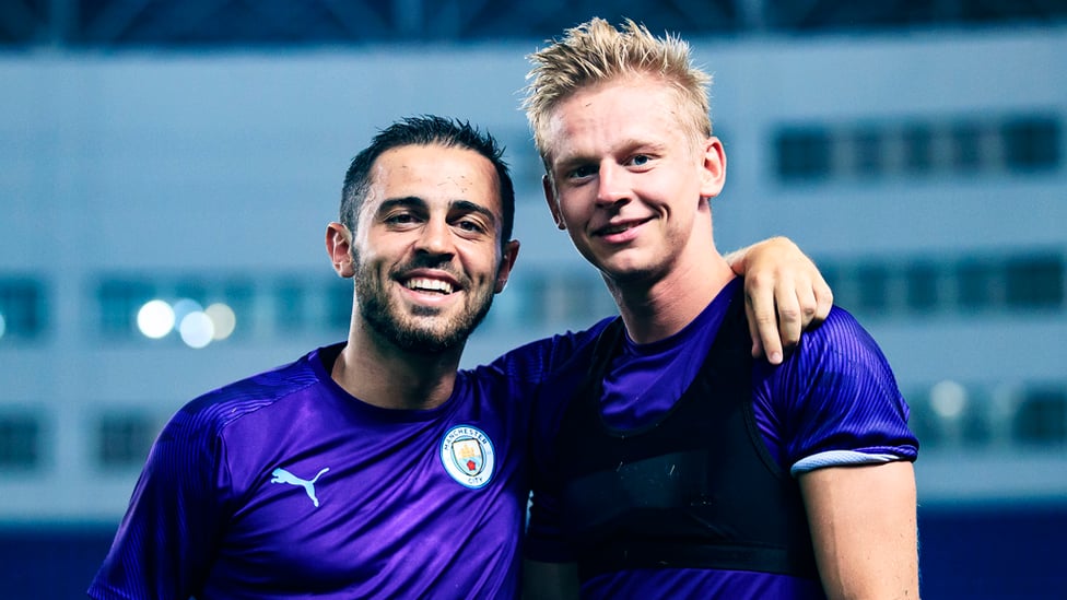 BLUES BROTHERS : Bernardo Silva and Oleks Zinchenko share a smile