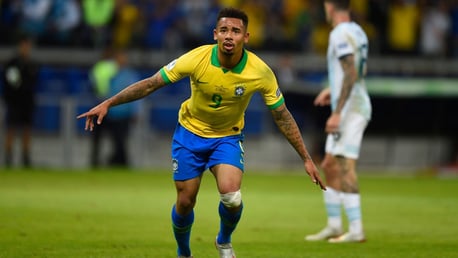 ON TARGET: Gabriel Jesus celebrates his crucial goal against Argentina.