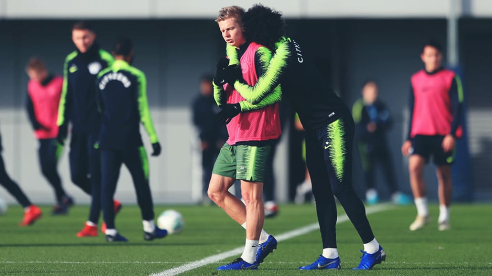 HUGGY PAIR : Leroy Sane and Oleksandr Zinchenko share a giggle