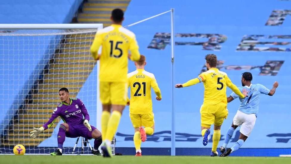 STERLING START : Raheem fires City ahead expertly after just five minutes.