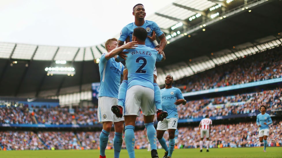 7-2 : Celebrations after scoring the first goal in our huge win over Stoke.