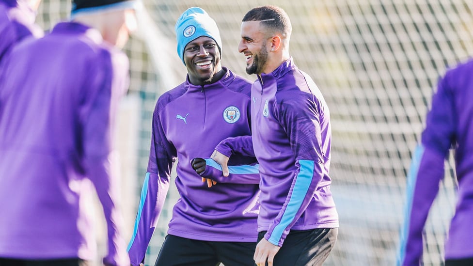 FULL-BACKS UNITE : Benjamin Mendy and Kyle Walker look to be having a laugh