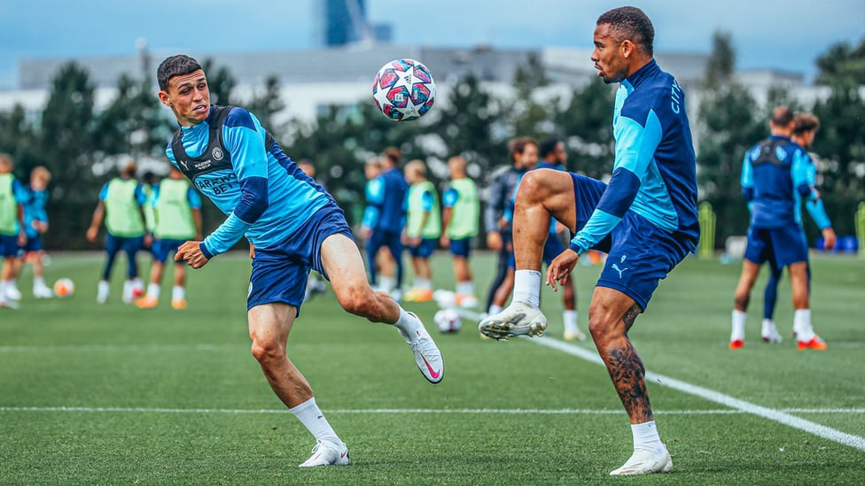 EYES ON THE PRIZE : Phil Foden and Gabriel Jesus lock on their target