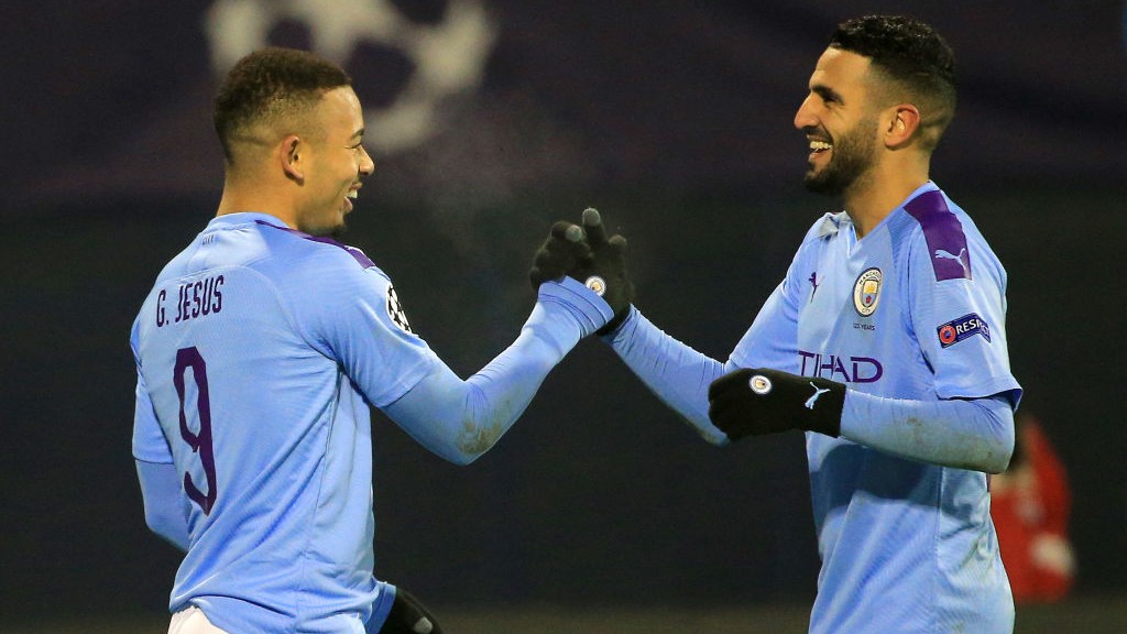 BLUES BROTHERS: Riyad Mahrez congratulates Gabriel Jesus on a good evening's work!