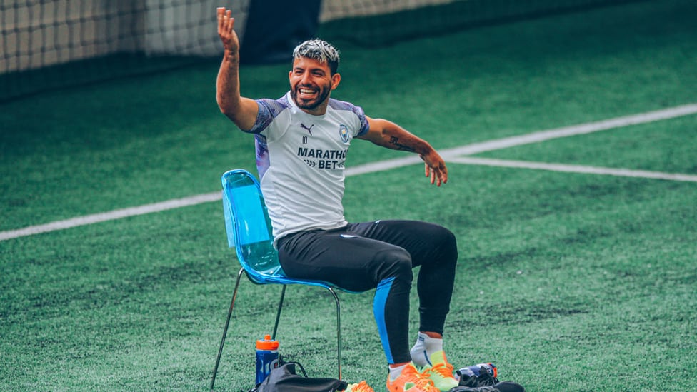 IN THE HOT SEAT: Sergio Aguero was in high spirits during Wednesday's session