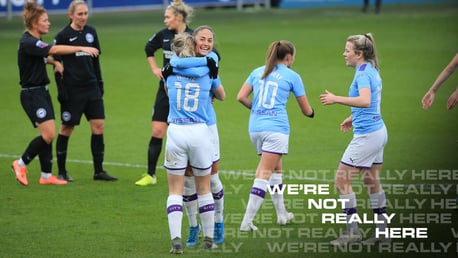 COMBINATION: Janine Beckie hugs Ellen White after the striker converted her cross for City's second goal against Brighton.