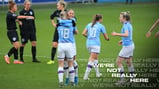 COMBINATION: Janine Beckie hugs Ellen White after the striker converted her cross for City's second goal against Brighton.