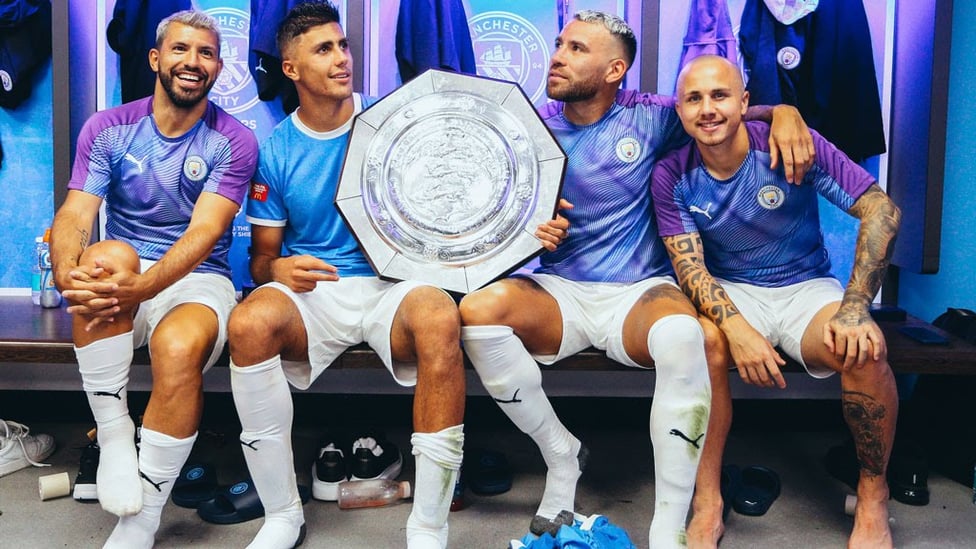 GOOD START : Celebrating our Community Shield win over Liverpool in August 2019.