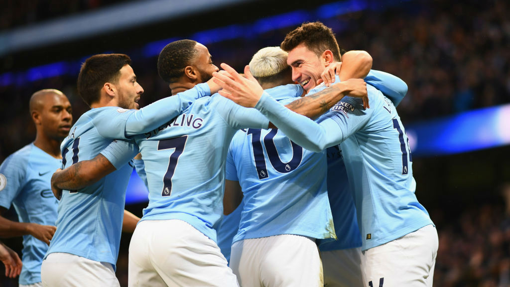 HALF WAY THERE: City celebrate 2-1 lead.