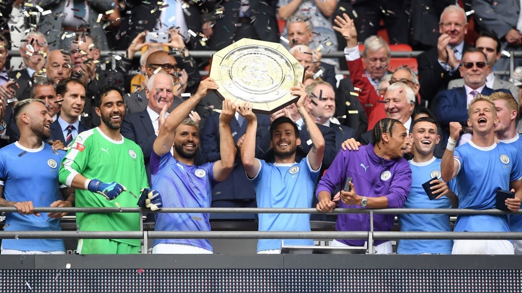 SUPERSTARS: David Silva and Sergio Aguero lift the Community Shield.