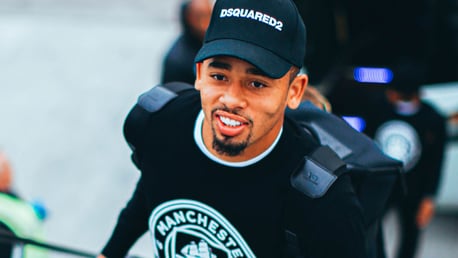 BRAZILIAN BLEND: Gabriel Jesus was in great spirits as he boarded the plane at Manchester Airport