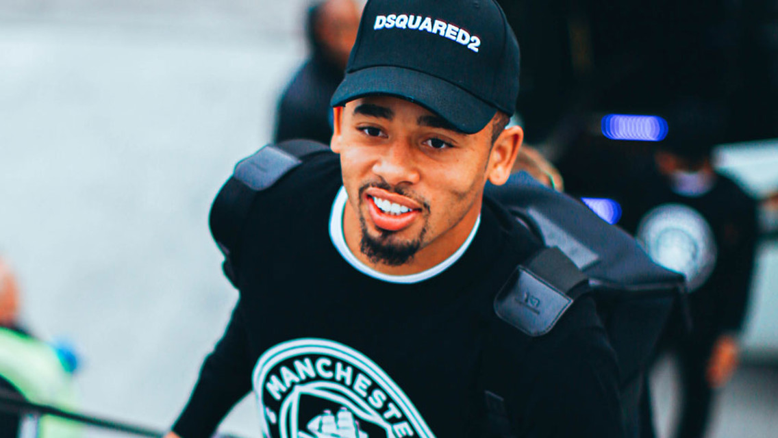 BRAZILIAN BLEND: Gabriel Jesus was in great spirits as he boarded the plane at Manchester Airport