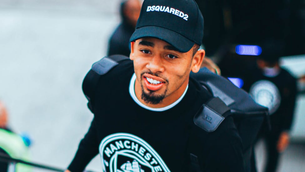 BRAZILIAN BLEND : Gabriel Jesus was in great spirits as he boarded the plane at Manchester Airport