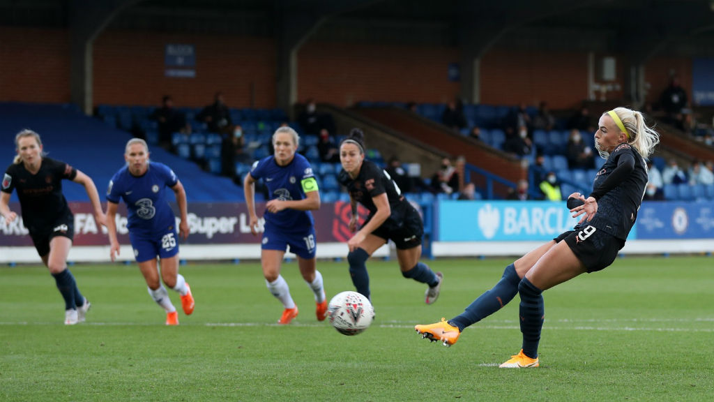 SPOT ON: Chloe Kelly fires home from the penalty spot to give City hope