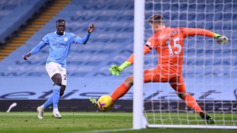 FIRST FOOTING: Benjamin Mendy registers his first-ever goal for City