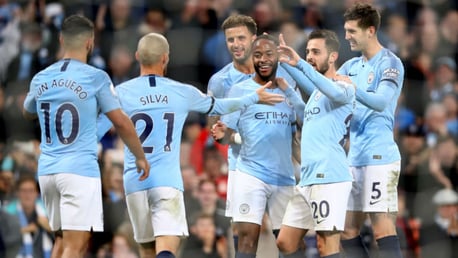 HIGH FIVES: Raheem Sterling takes the plaudits from his City team-mates after scoring our fifth goal