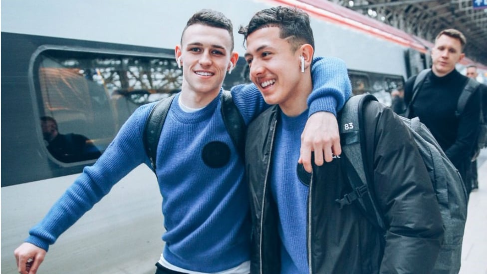 BLUES BROTHERS : Phil Foden and Ian Carlo Poveda look in relaxed mood.