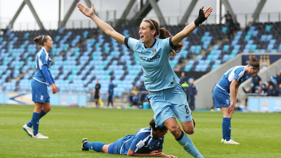 GOOD AS GOALS: Scott starts the celebrations after striking against Birmingham in a 2015 FA Women's Cup clash