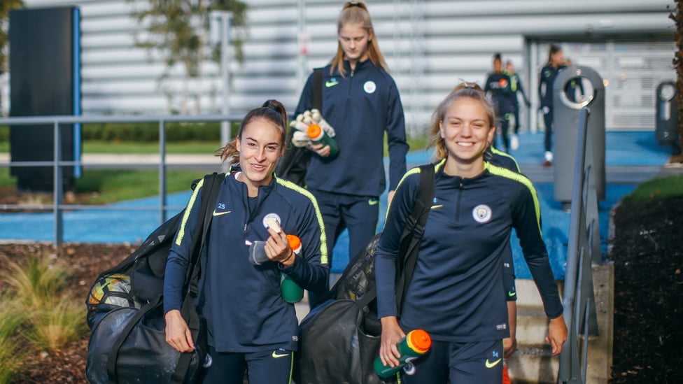 READY : Tessa Wullaert and Esme Morgan head out to the training pitches!