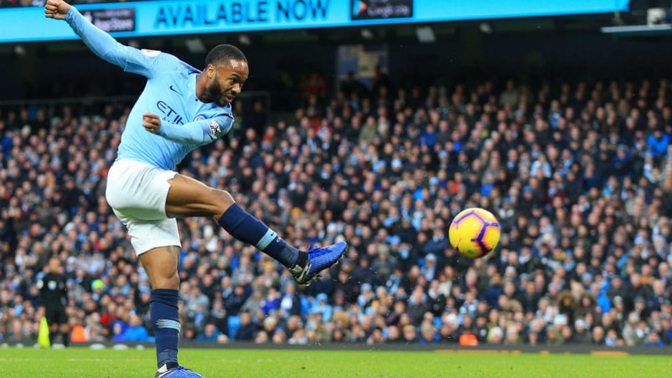 STERLING EFFORT : Raheem tries his luck from distance