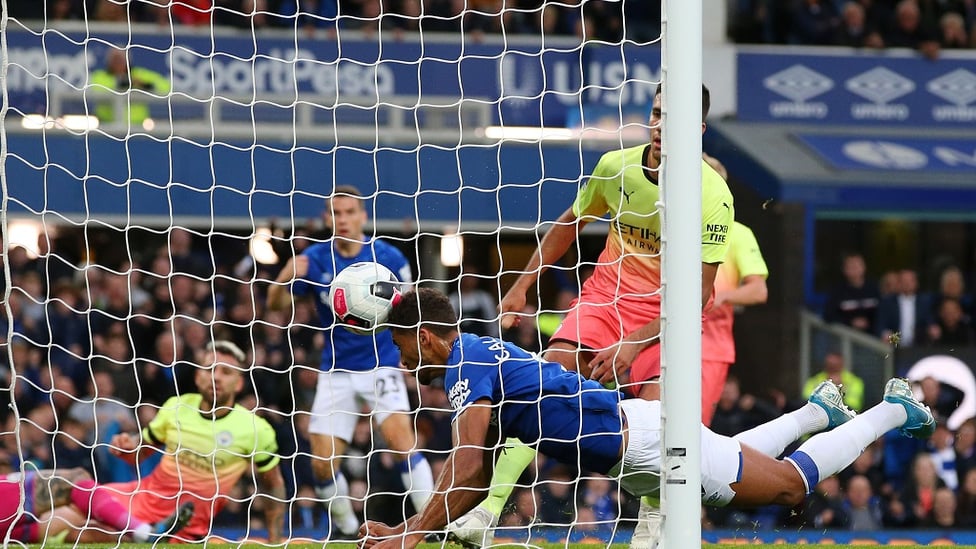 ALL SQUARE : Seamus Coleman lifts the ball over Ederson - Dominic Calvert-Lewin was later credited with the final touch