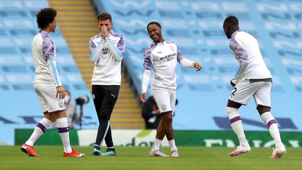 STERLING WORK : Raheem and co are all smiles during the warm-up.