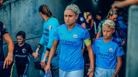 FOCUSSED: Steph Houghton leads out her side in the US.