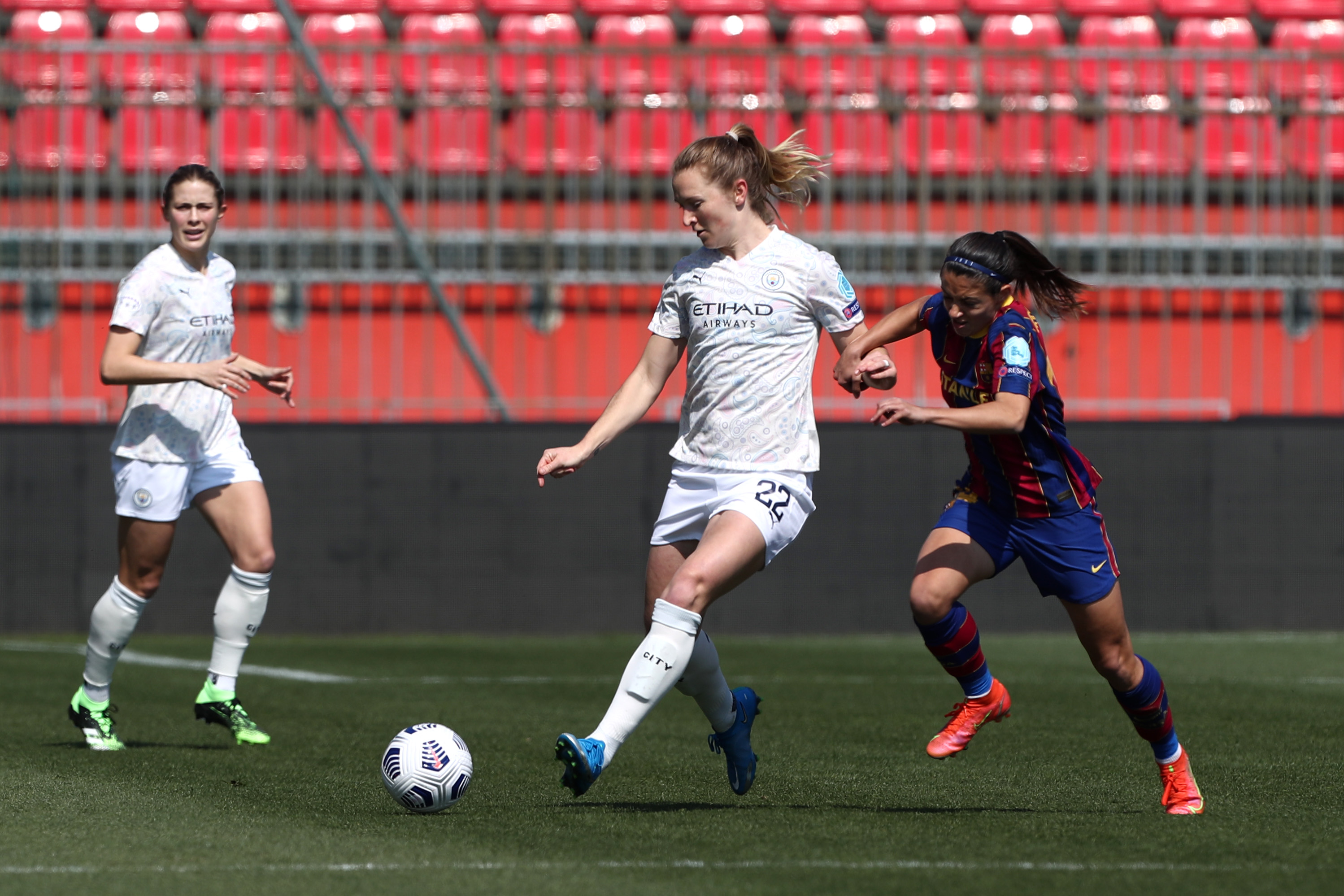 ACTION STATIONS: Sam Mewis takes the fight to Barcelona