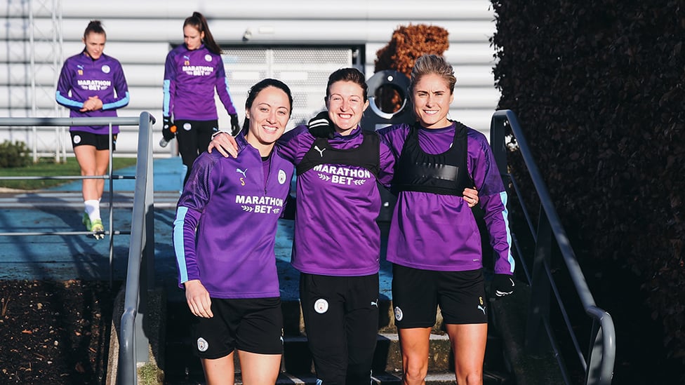 THREE'S A CROWD : Megan Campbell, Ellen White and Steph Houghton pause for a photo