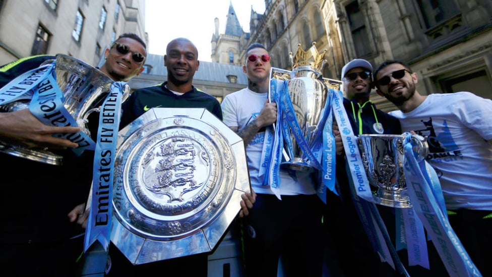 FOURMIDABLE : Fernandinho along with Danilo, Ederson, Gabriel Jesus and Bernardo during our trophy parade to celebrate our historic Fourmidables campaign