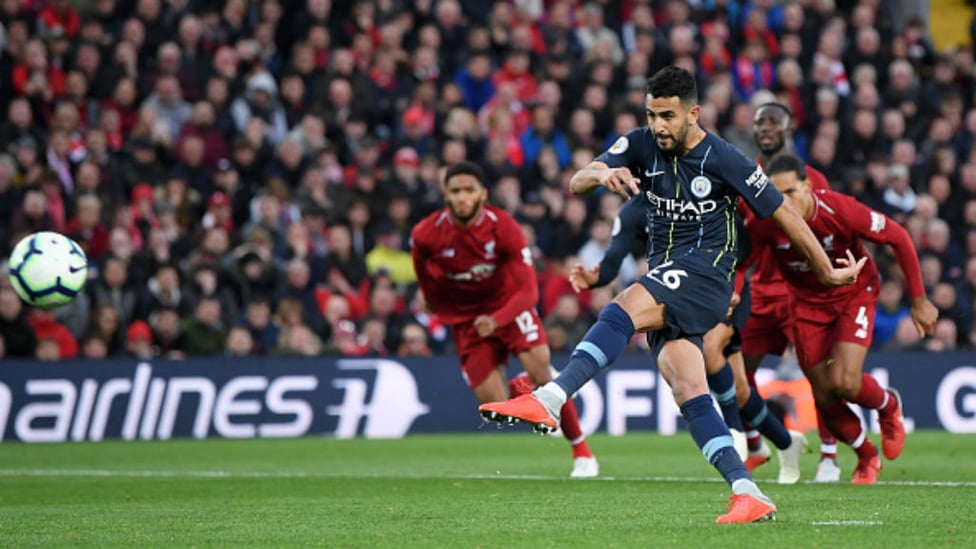 GOLDEN OPPORTUNITY : Riyad Mahrez hits a late penalty over the bar at Anfield