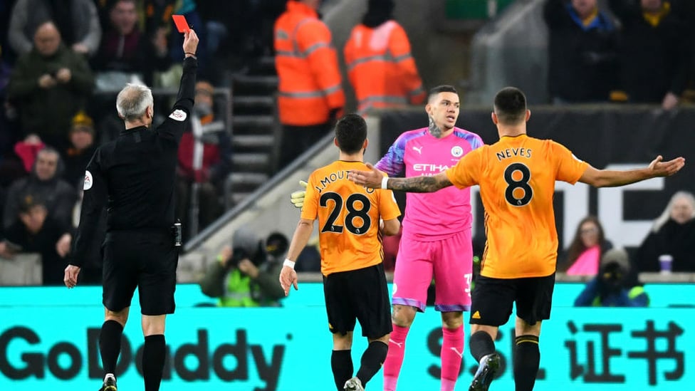 SEEING RED : Ederson is shown his marching orders after bringing down Jota