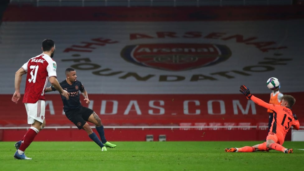 CHANCE: Gabriel Jesus forces a brilliant save from Rúnar Rúnarsson