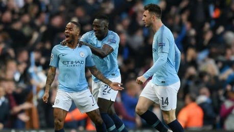 ROAR POWER: Benjamin Mendy and Aymeric Laporte join in the celebrations after Raheem's second goal