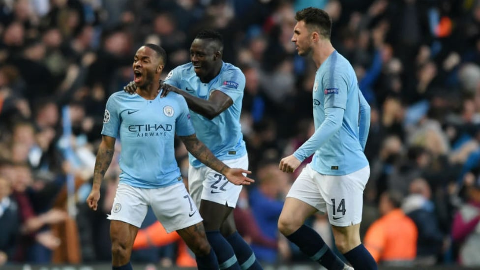 ROAR POWER : Benjamin Mendy and Aymeric Laporte join in the celebrations after Raheem's second goal