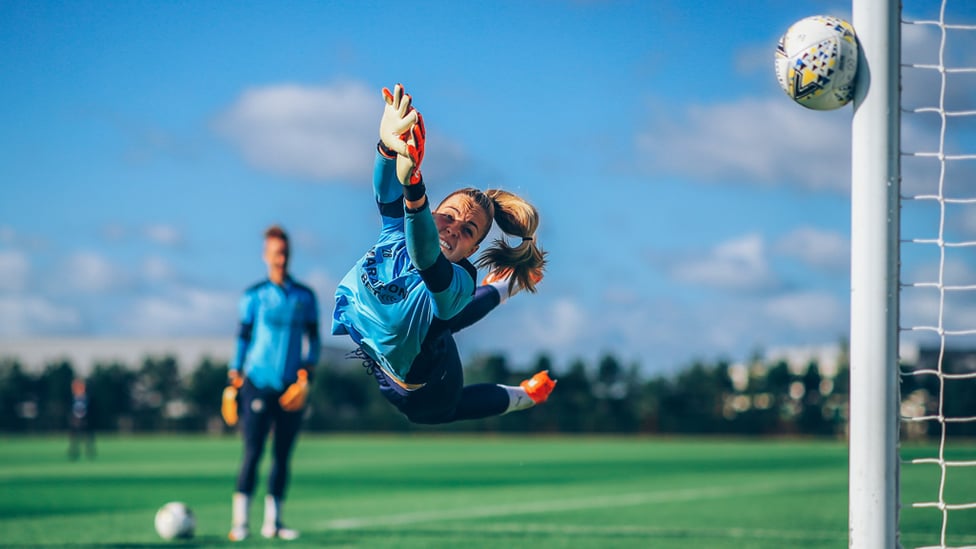 AT FULL STRETCH: Ellie Roebuck makes a spectacular save