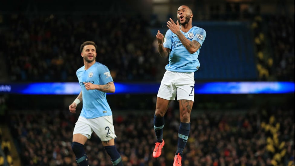 JUMPING FOR JOY : Raheem celebrates after sealing his hat-trick