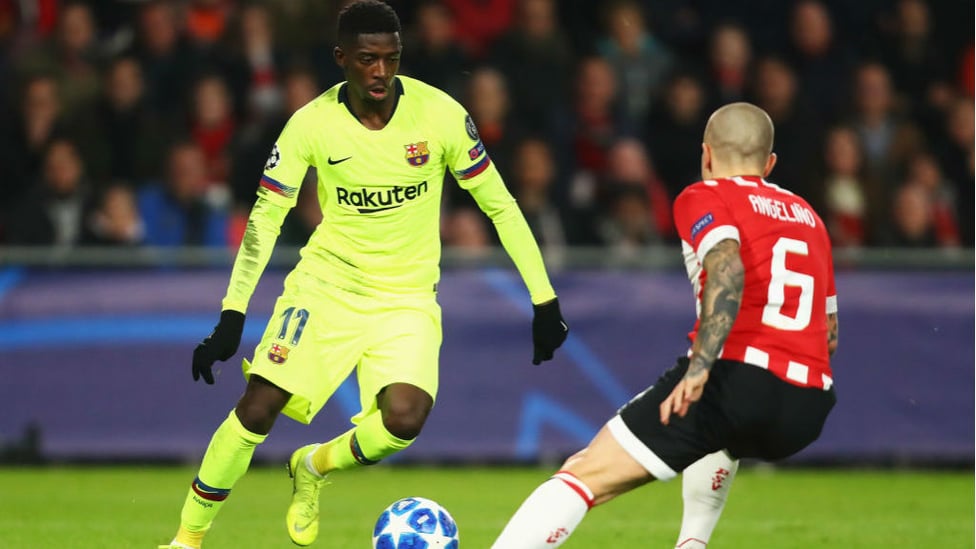 EURO FIGHTER : Our new left-back locks horns with Barcelona's Ousmane Dembele for PSV in last season's Champions League group clash